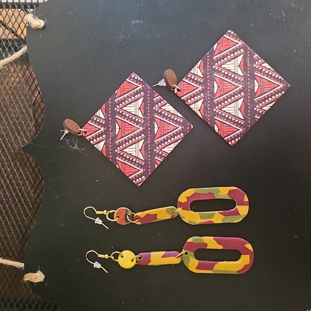 Handmade Wooden Earring Sets, Geometric & Cylindrical Hoop, Splash of Color.